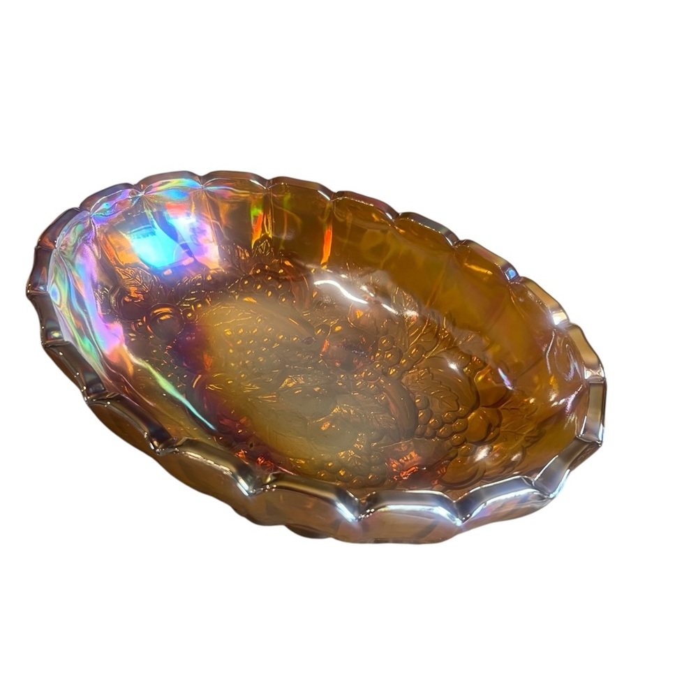 Vintage Indiana Glass Large
Amber Harvest Fruit Carnival
Glass Oval Footed Bowl - Picture 9 of 11